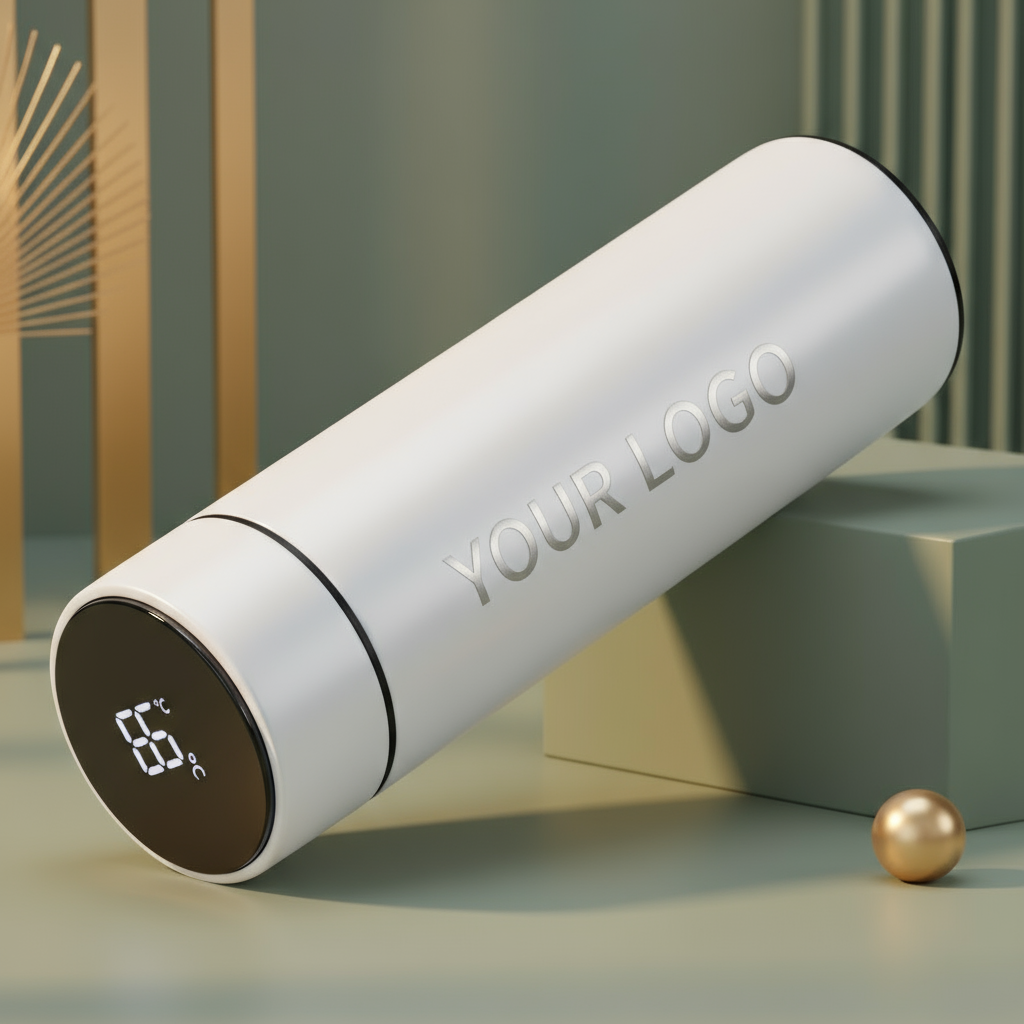 تصميم بزجاجة بيضاء وشعار أصغر