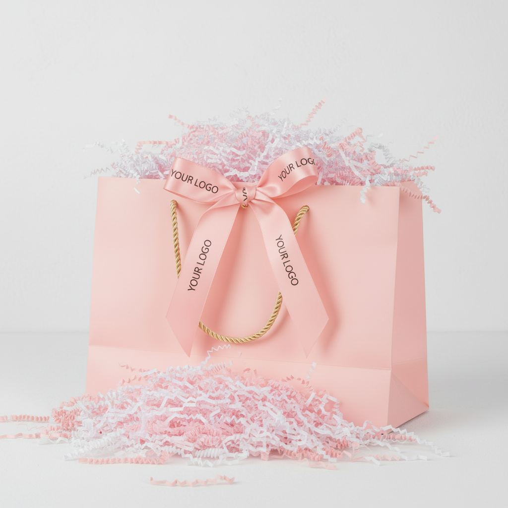 كيس وردي مع ورق هدايا أبيض - أفقي